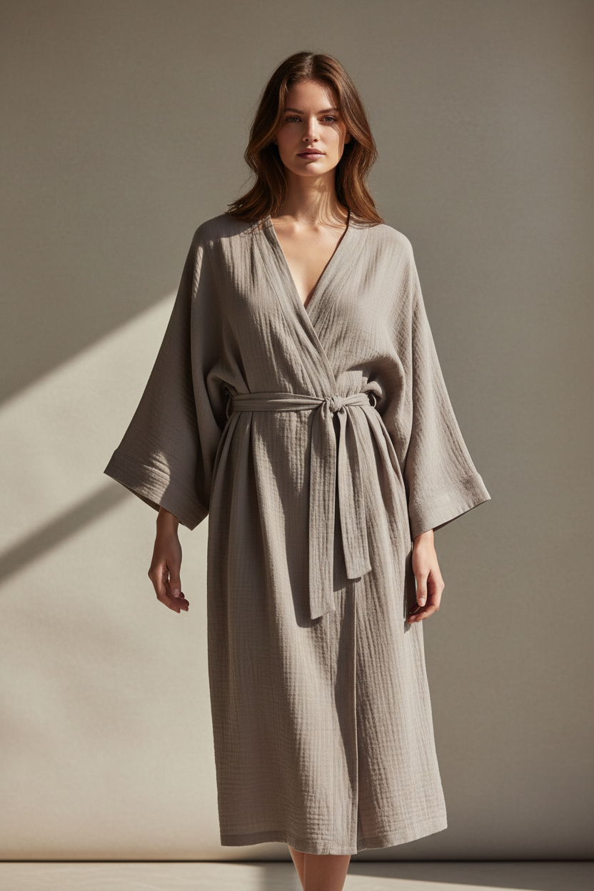 Luxury Lounge Robe Dress in Muted Stone Taupe - Front Full Body