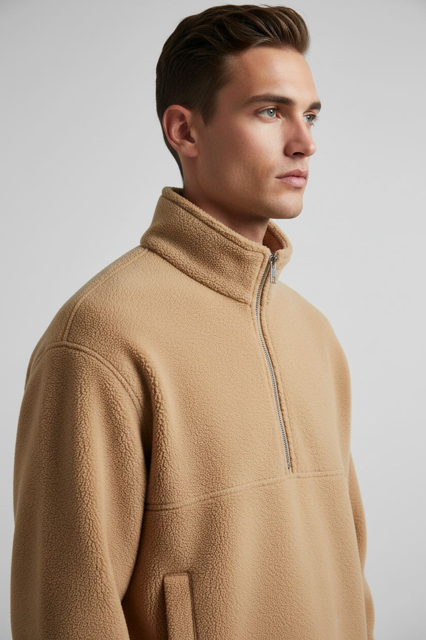 Luxury Fleece Half-Zip Pullover - Warm Sand Beige - Side Angle
