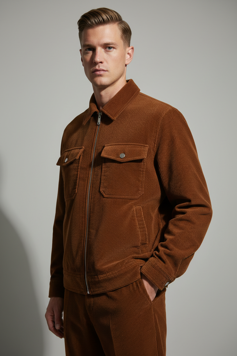 Luxury Corduroy Zip-Up Jacket - Warm Cocoa Brown - Three Quarter Editorial