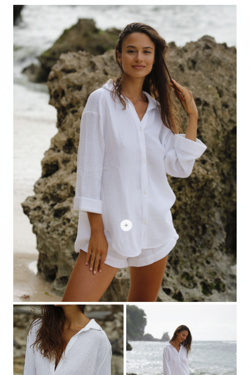 Luxury Oversized Beach Shirt Set in Soft Coconut White - Front Full Body