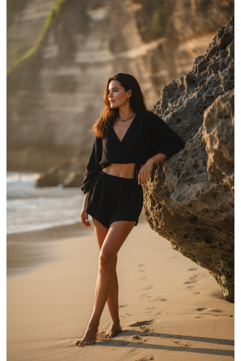 Luxury Beach Night Lounge Set in Midnight Black - Lifestyle
