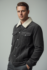 Luxury Sherpa-Collar Corduroy Trucker Jacket - Charcoal Grey - Three Quarter Editorial
