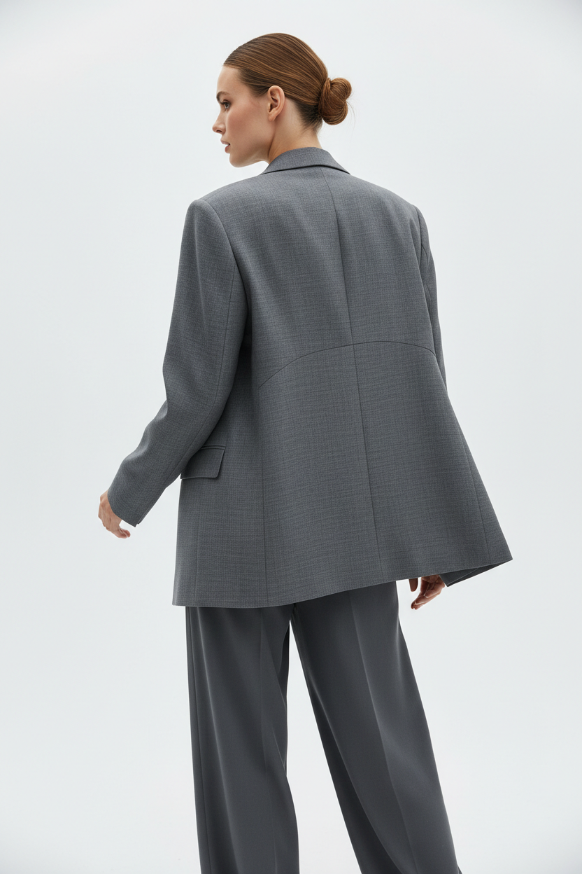 Luxury Oversized Textured Jacket Set in Charcoal Ash - Back View