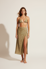 Luxury Beachwear Wrap Skirt Set in Muted Olive Sand - Front View