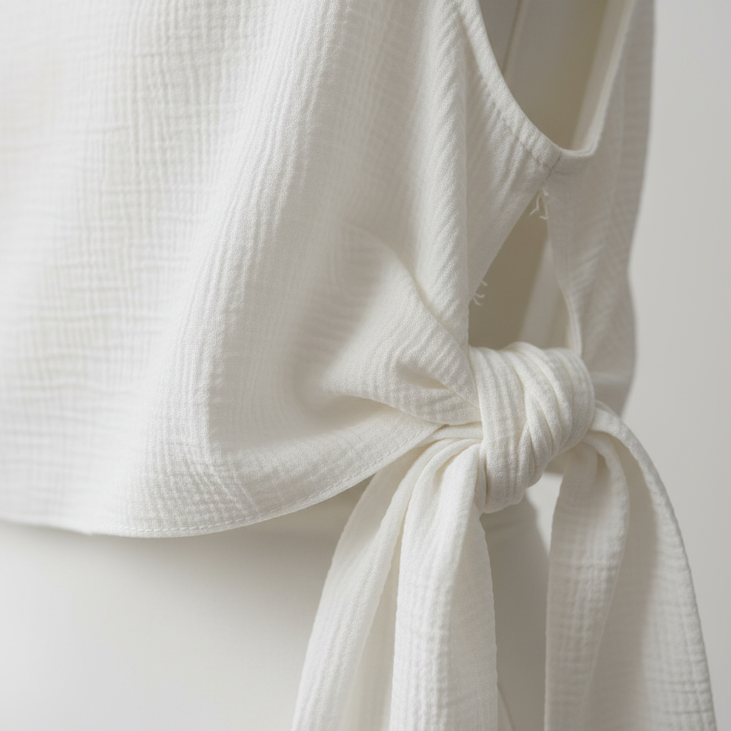 Luxury Sleeveless Crinkle Crop Top in Soft Ivory White - Tie Detail