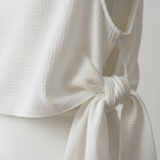 Luxury Sleeveless Crinkle Crop Top in Soft Ivory White - Tie Detail