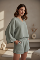 Luxury Minimal Lounge Set in Muted Sage Grey - Three Quarter Editorial