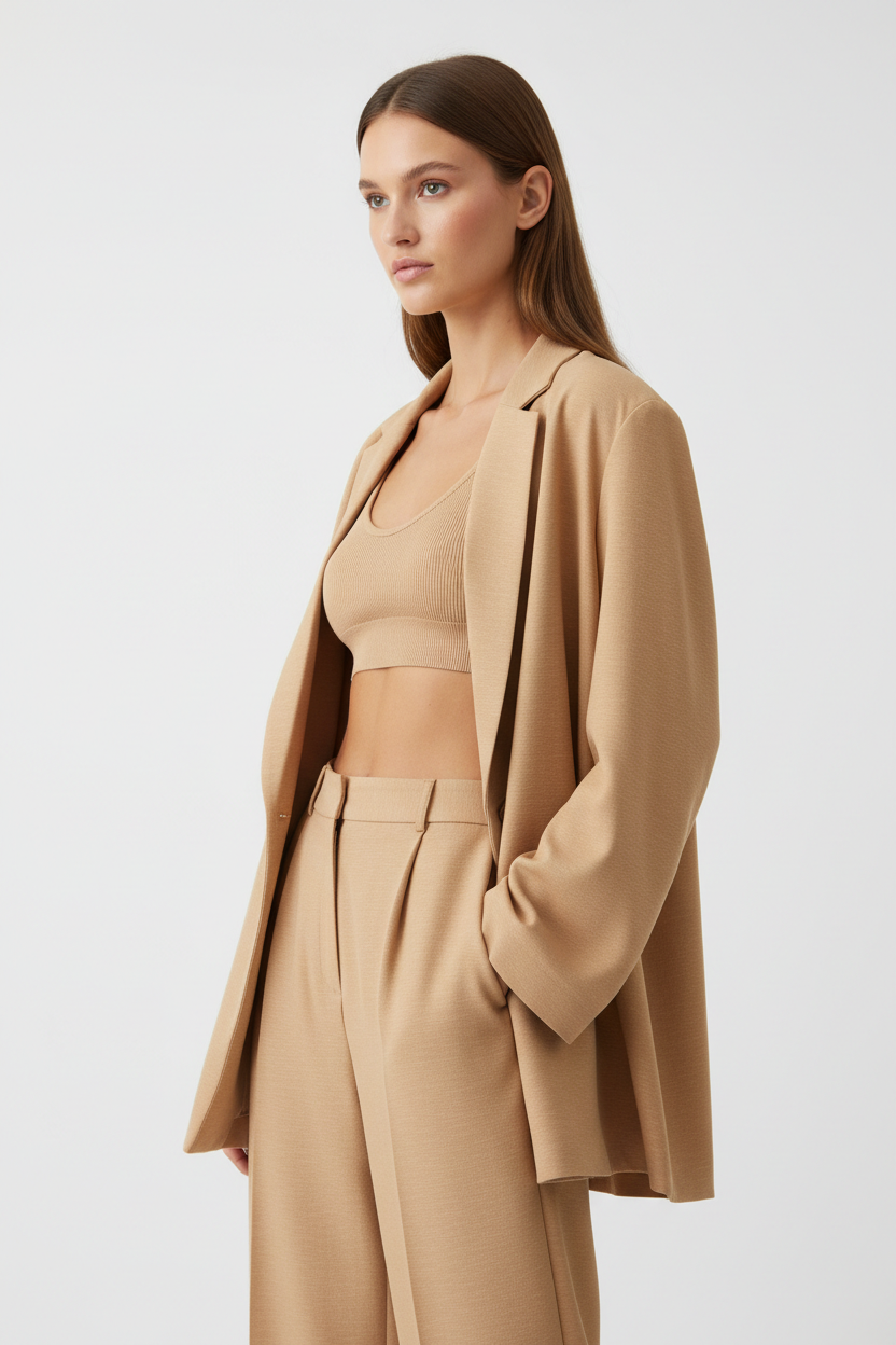 Luxury Oversized Textured Jacket Set in Warm Sand Beige - Three Quarter Pose