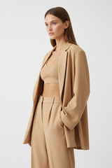 Luxury Oversized Textured Jacket Set in Warm Sand Beige - Three Quarter Pose