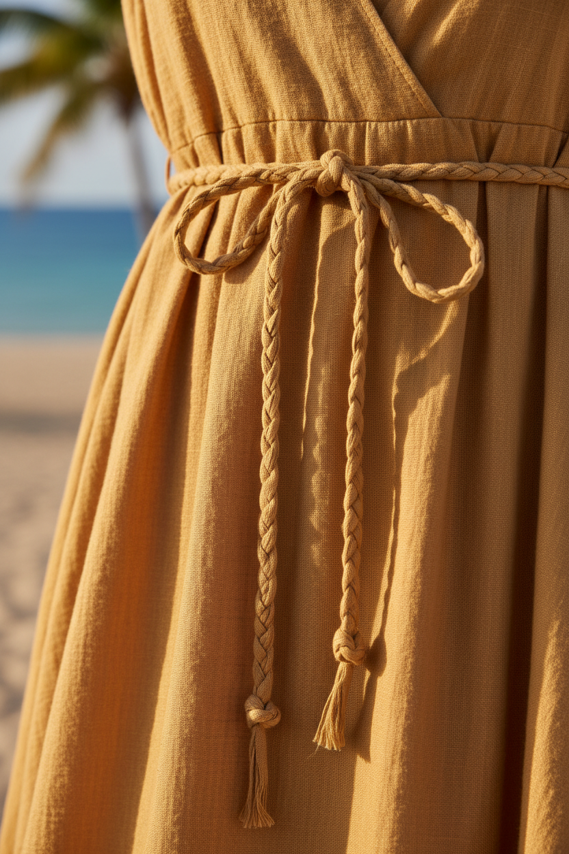 Luxury Resort Lounge Maxi Dress in Golden Desert Linen - Fabric Detail