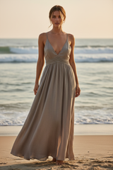 Luxury Resort Lounge Maxi Dress in Muted Stone Taupe - Front Full Body