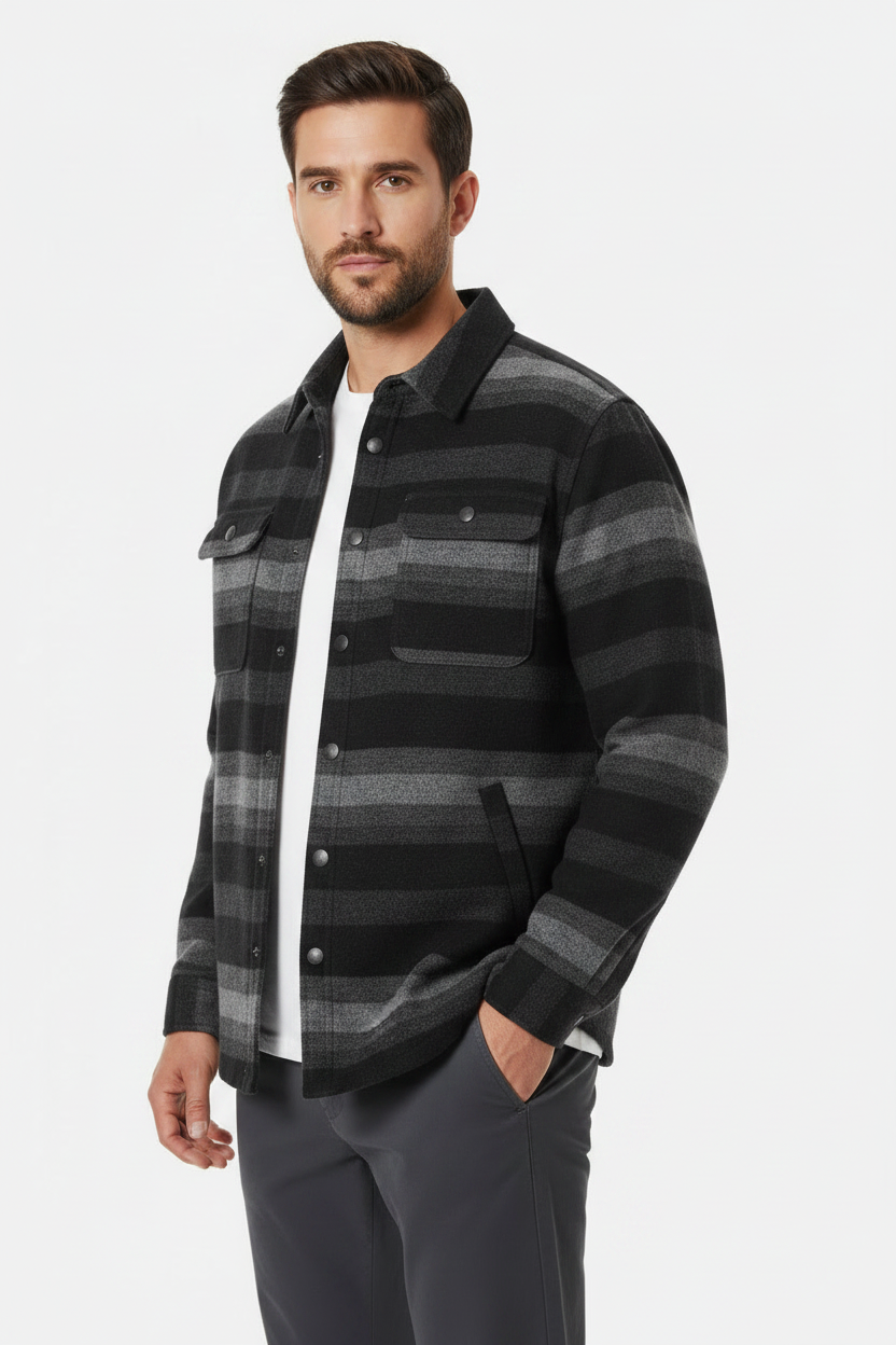 Luxury Striped Overshirt Jacket - Charcoal Midnight Stripe - Three Quarter