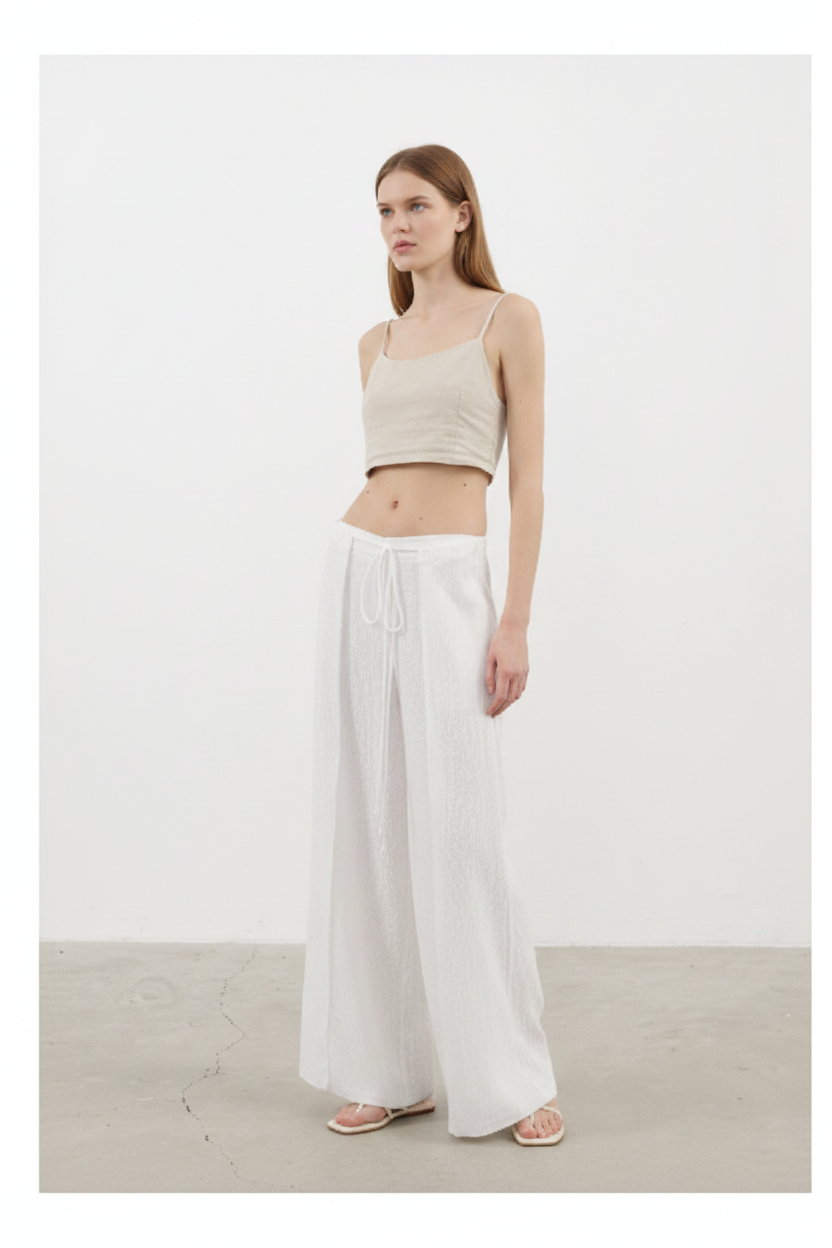 Luxury Minimal Linen Resort Set in Soft Ivory White - Three Quarter Editorial