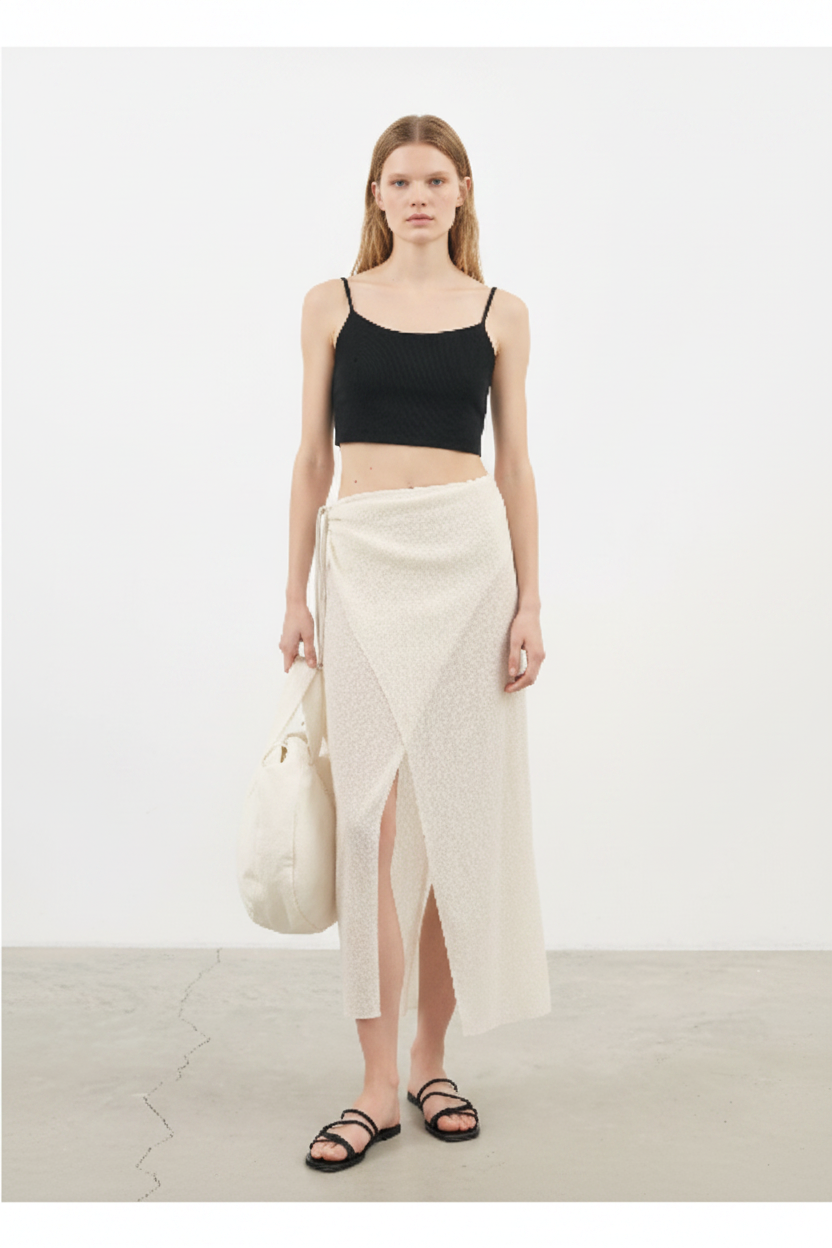 Luxury Beach Wrap Skirt Set in Warm Beige - Front View
