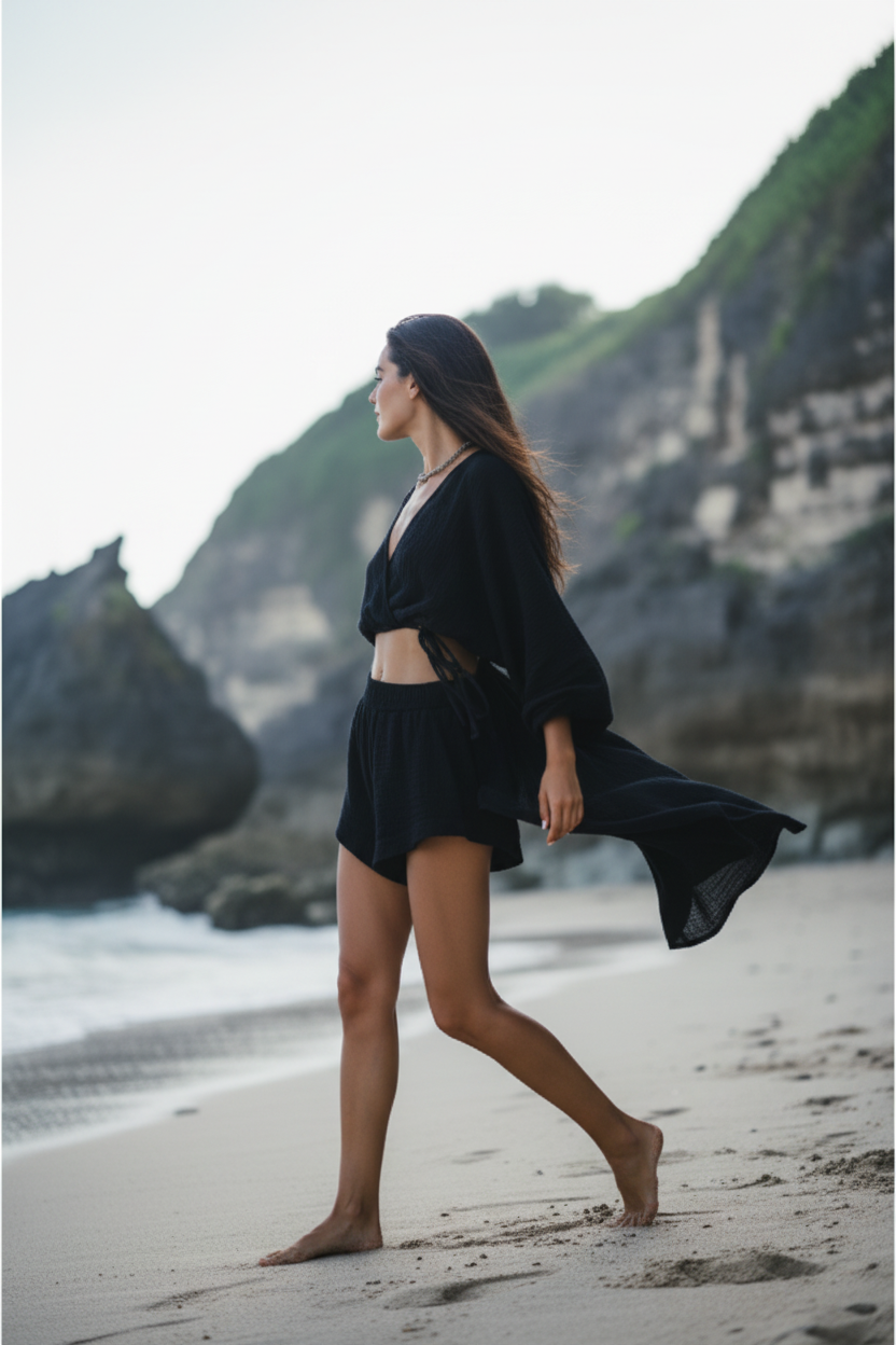 Luxury Beach Night Lounge Set in Midnight Black - Side Walking