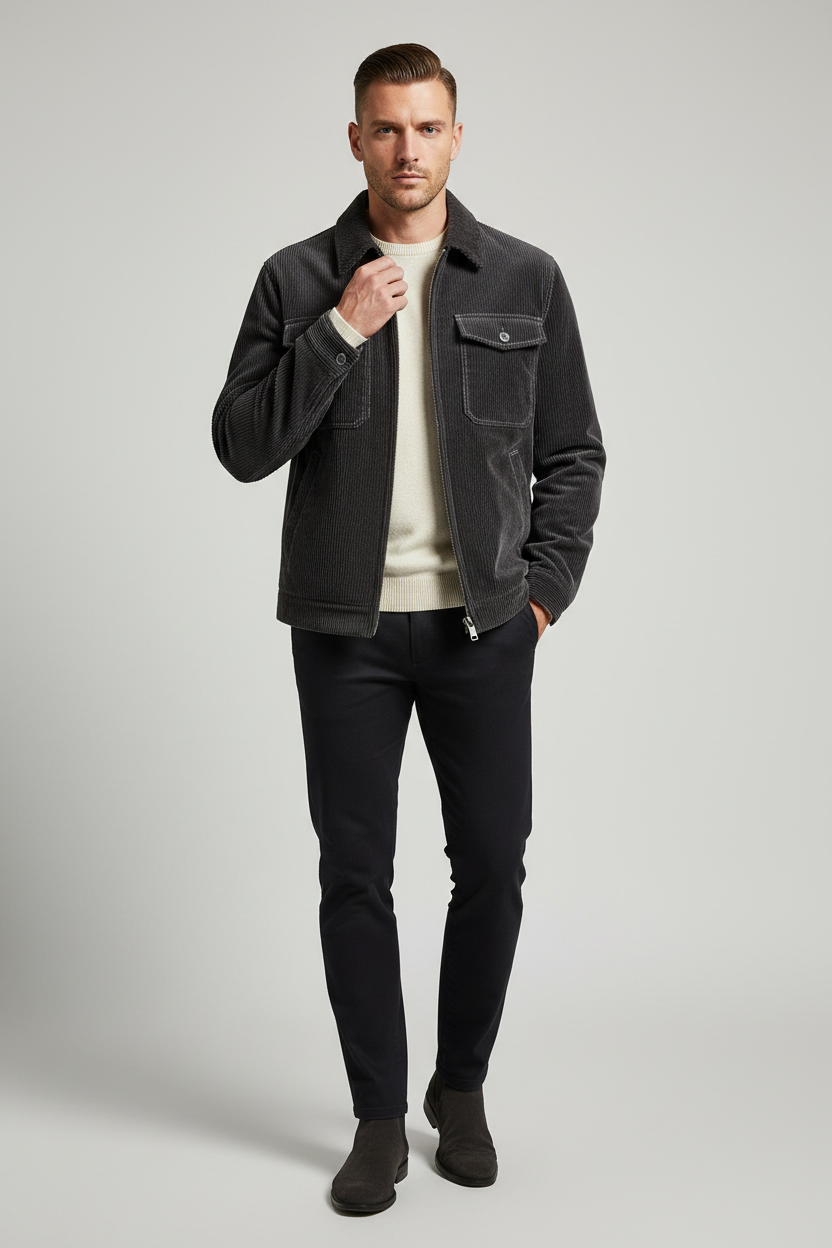 Luxury Corduroy Zip-Up Jacket - Charcoal Grey - Front Full Body