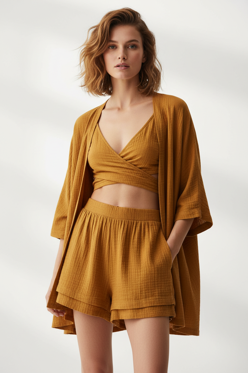 Luxury Lounge Co-ord Set in Golden Desert Linen - Lifestyle