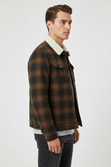 Luxury Plaid Sherpa-Collar Trucker Jacket - Warm Cocoa Brown - Side Angle