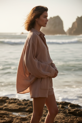 Luxury Oversized Beach Shirt Set in Dusty Clay Nude - Side Standing