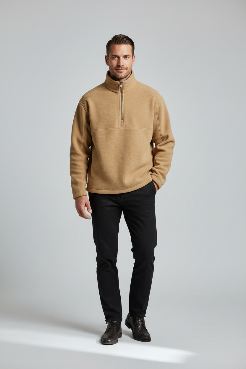 Luxury Fleece Half-Zip Pullover - Warm Sand Beige - Front Full Body