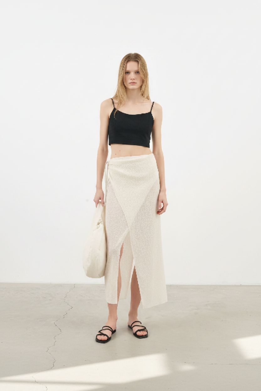 Luxury Beach Wrap Skirt Set in Pearl White - Front View