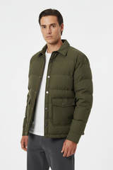 Luxury Quilted Puffer Jacket - Olive Forest Green - Three Quarter