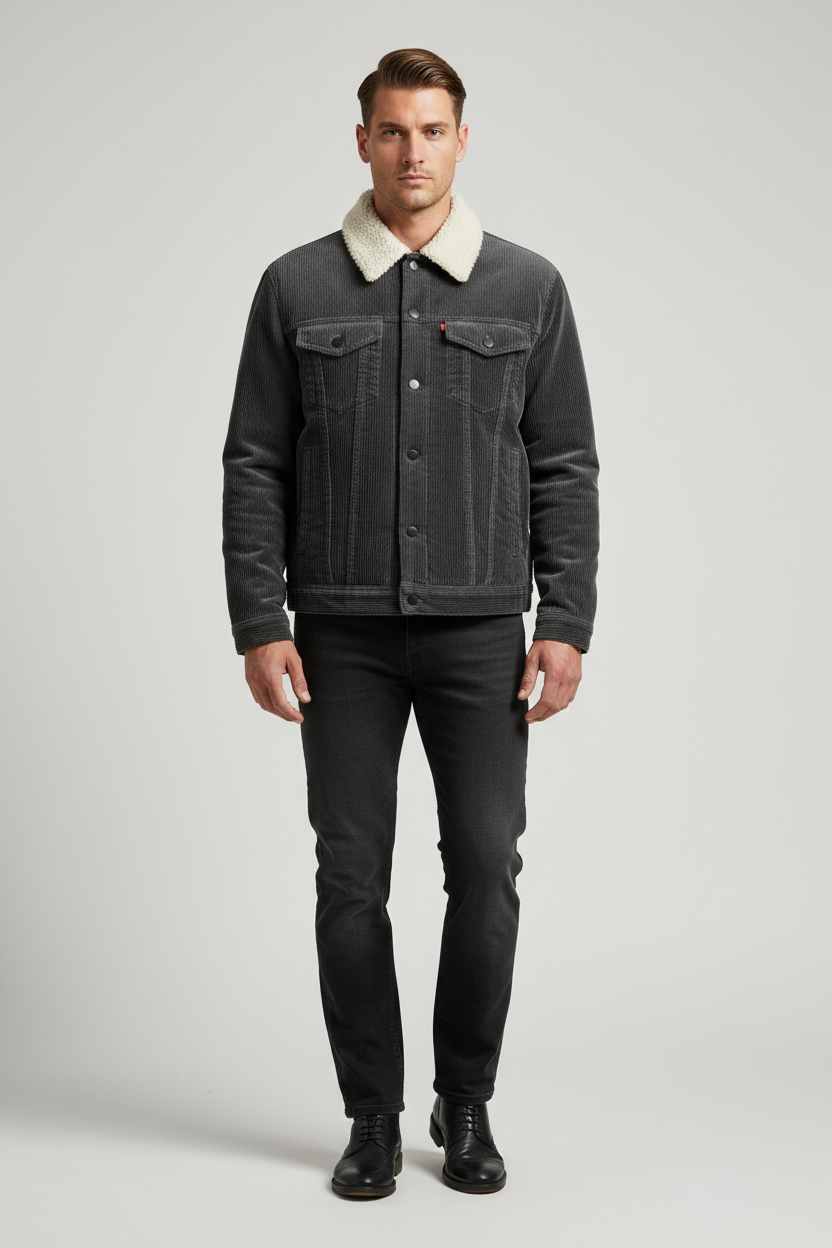 Luxury Sherpa-Collar Corduroy Trucker Jacket - Charcoal Grey - Front Full Body