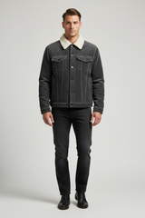Luxury Sherpa-Collar Corduroy Trucker Jacket - Charcoal Grey - Front Full Body