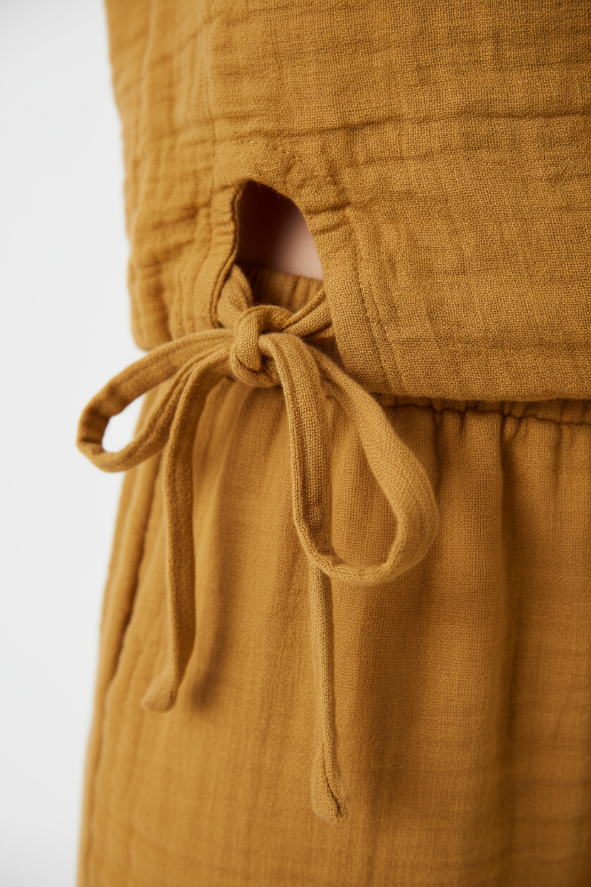 Luxury Gauze Lounge Co-ord Set in Golden Desert Linen - Fabric Detail