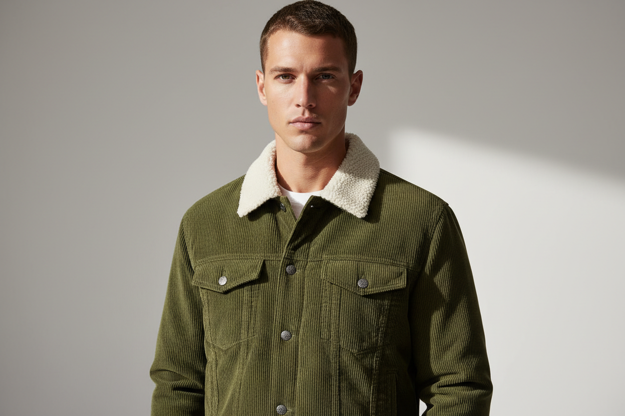 Luxury Sherpa-Collar Corduroy Trucker Jacket - Olive Forest Green - Lifestyle Campaign
