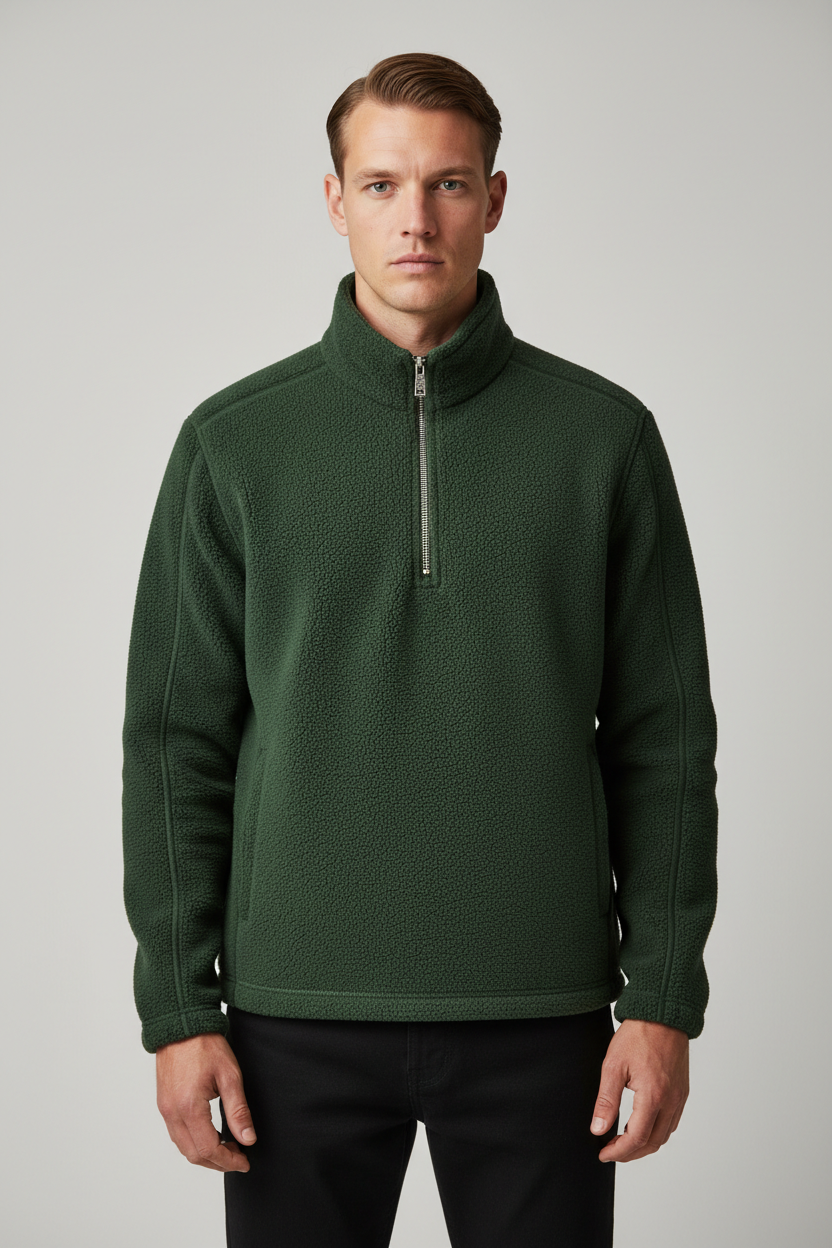 Luxury Fleece Half-Zip Pullover - Forest Moss Green - Front Full Body