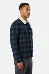 Luxury Plaid Sherpa-Collar Trucker Jacket - Midnight Navy Plaid - Side Angle