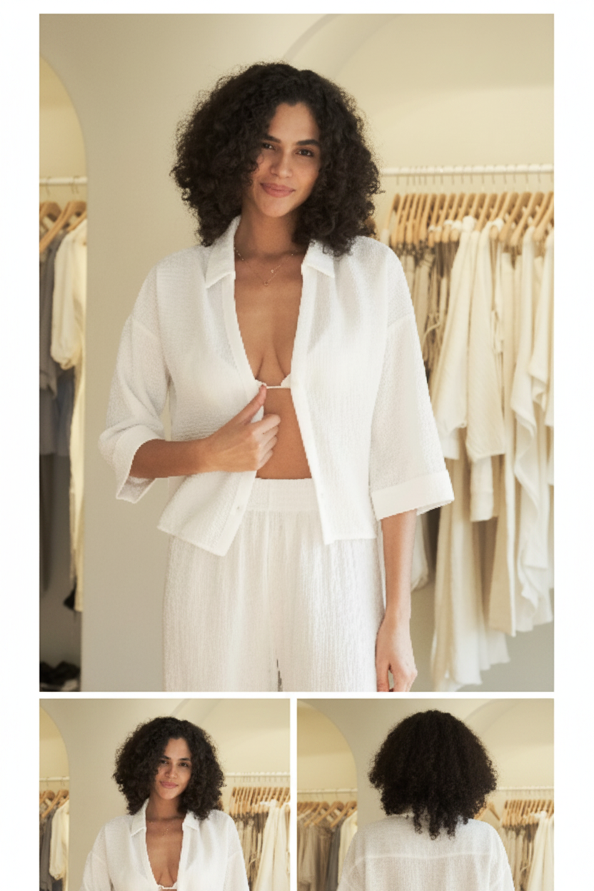 Luxury Minimal Cotton Resort Set in Soft Coconut White - Front Full Body