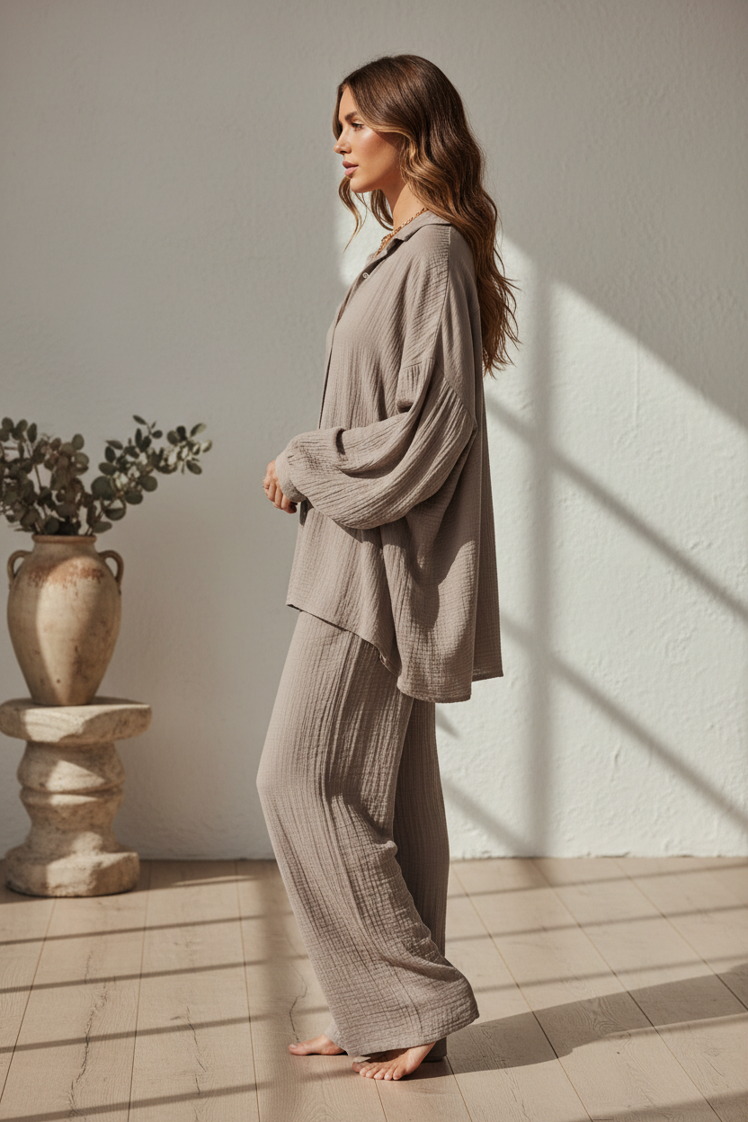 Luxury Textured Lounge Co-ord Set in Muted Stone Taupe - Side Standing