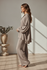 Luxury Textured Lounge Co-ord Set in Muted Stone Taupe - Side Standing