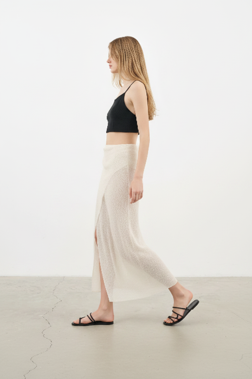 Luxury Beach Wrap Skirt Set in Pearl White - Side Walking Pose