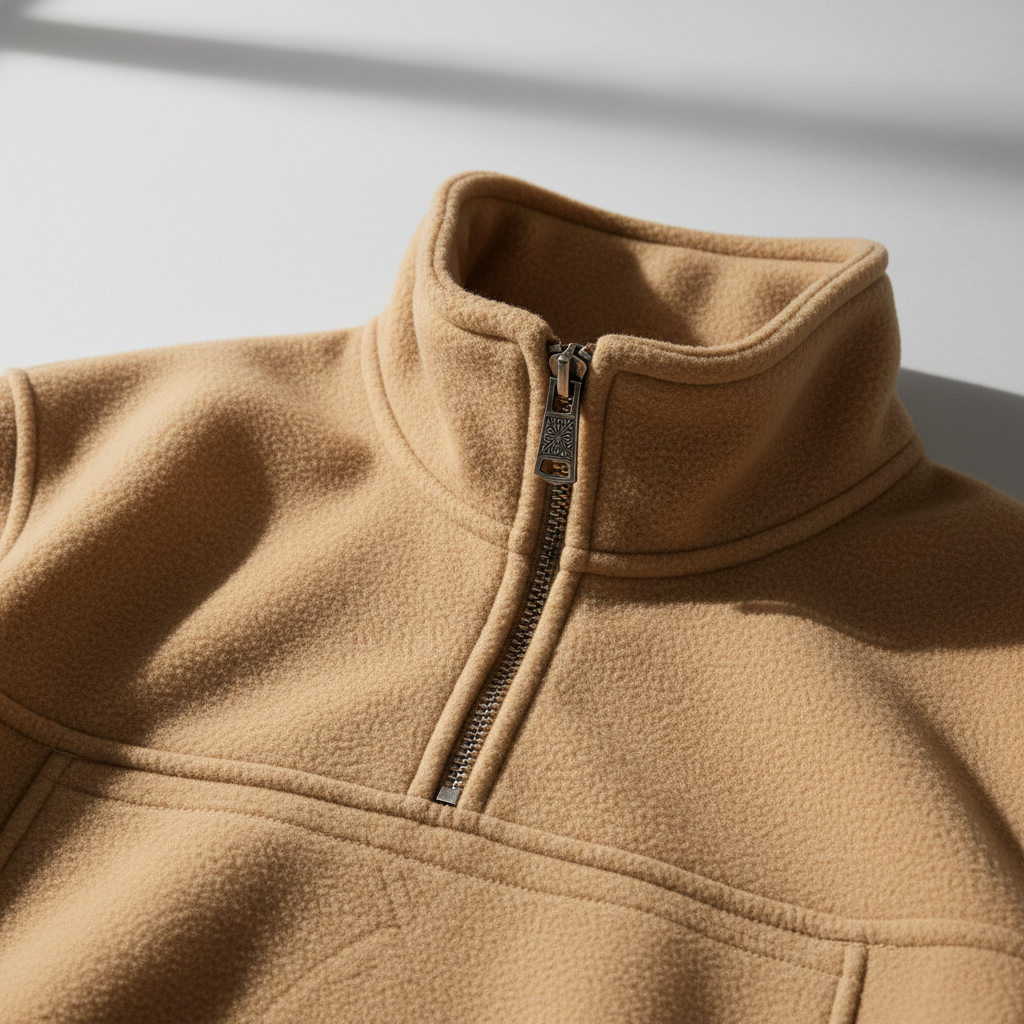 Luxury Fleece Half-Zip Pullover - Warm Sand Beige - Detail Close Up