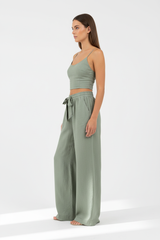 Luxury Minimal Linen Resort Set in Muted Sage Linen - Side Standing
