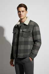 Luxury Plaid Sherpa-Collar Trucker Jacket - Charcoal Smoke Grey - Three Quarter