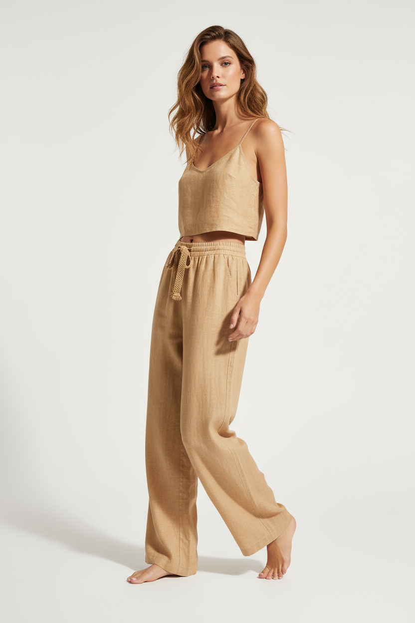 Luxury Minimal Linen Resort Set in Warm Sand Beige - Three Quarter Editorial