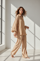 Luxury Textured Lounge Co-ord Set in Warm Sand Beige - Three Quarter Editorial