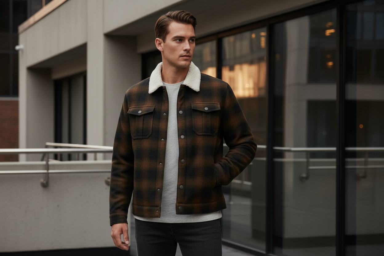 Luxury Plaid Sherpa-Collar Trucker Jacket - Warm Cocoa Brown - Lifestyle