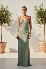 Luxury Textured Maxi Slip Dress in Muted Sage Stone - Front View