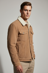 Luxury Sherpa-Collar Corduroy Trucker Jacket - Sandstone Beige - Three Quarter Editorial