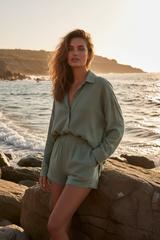 Luxury Oversized Beach Shirt Set in Muted Sage Stone - Lifestyle