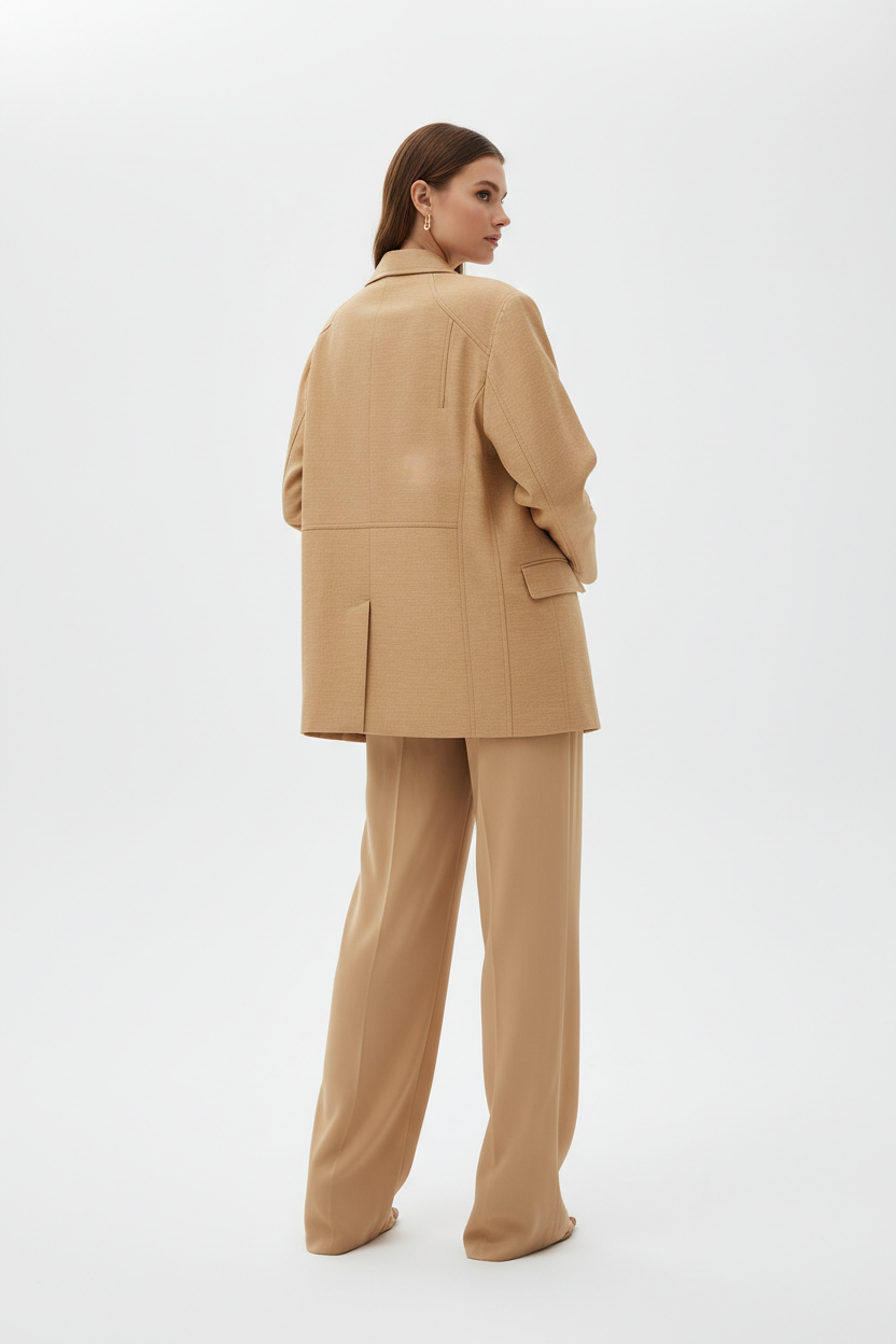 Luxury Oversized Textured Jacket Set in Warm Sand Beige - Back View