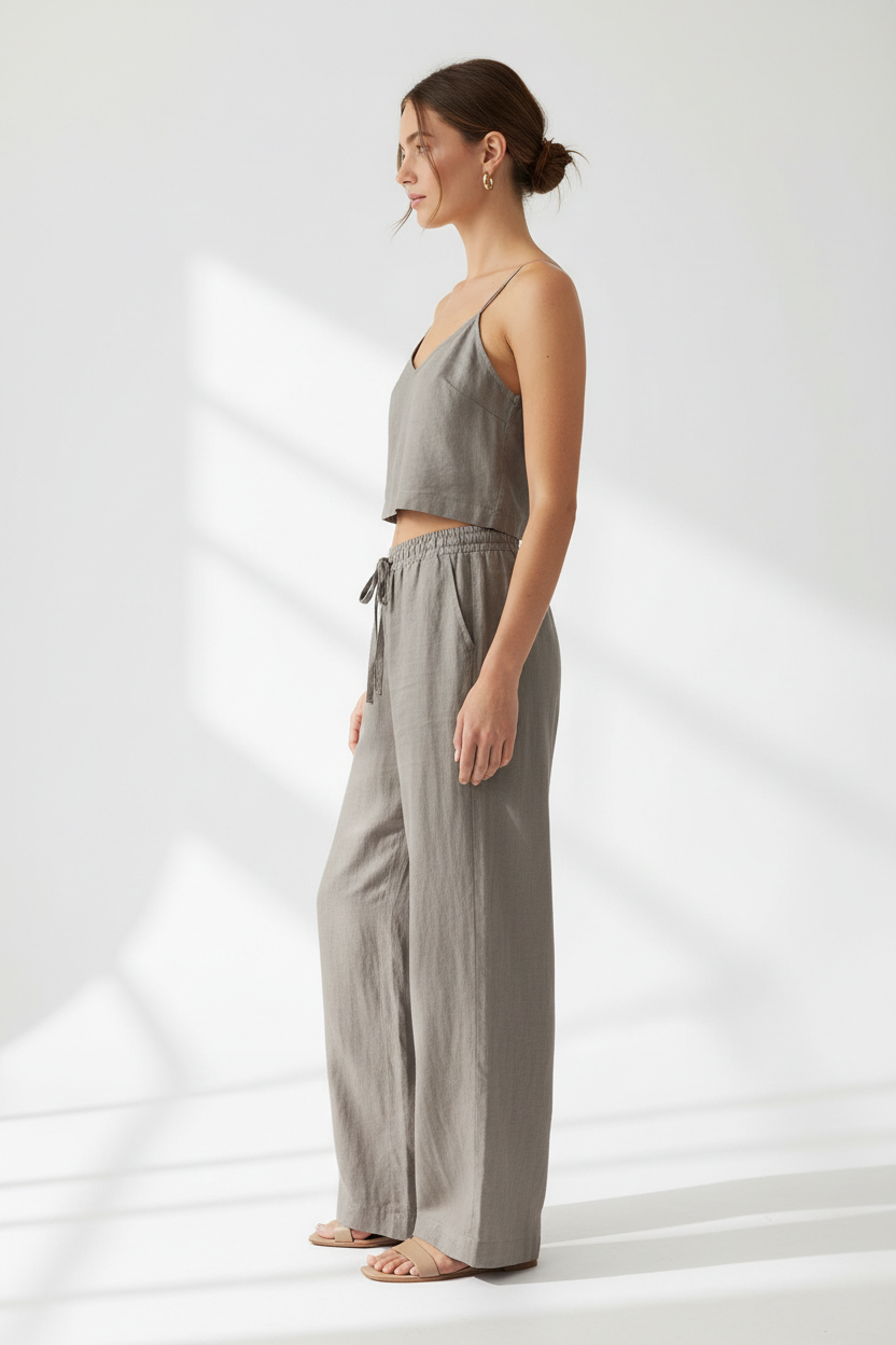 Luxury Minimal Linen Resort Set in Stone Taupe Grey - Side Standing