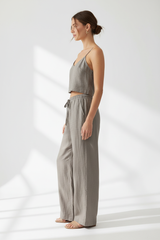 Luxury Minimal Linen Resort Set in Stone Taupe Grey - Side Standing