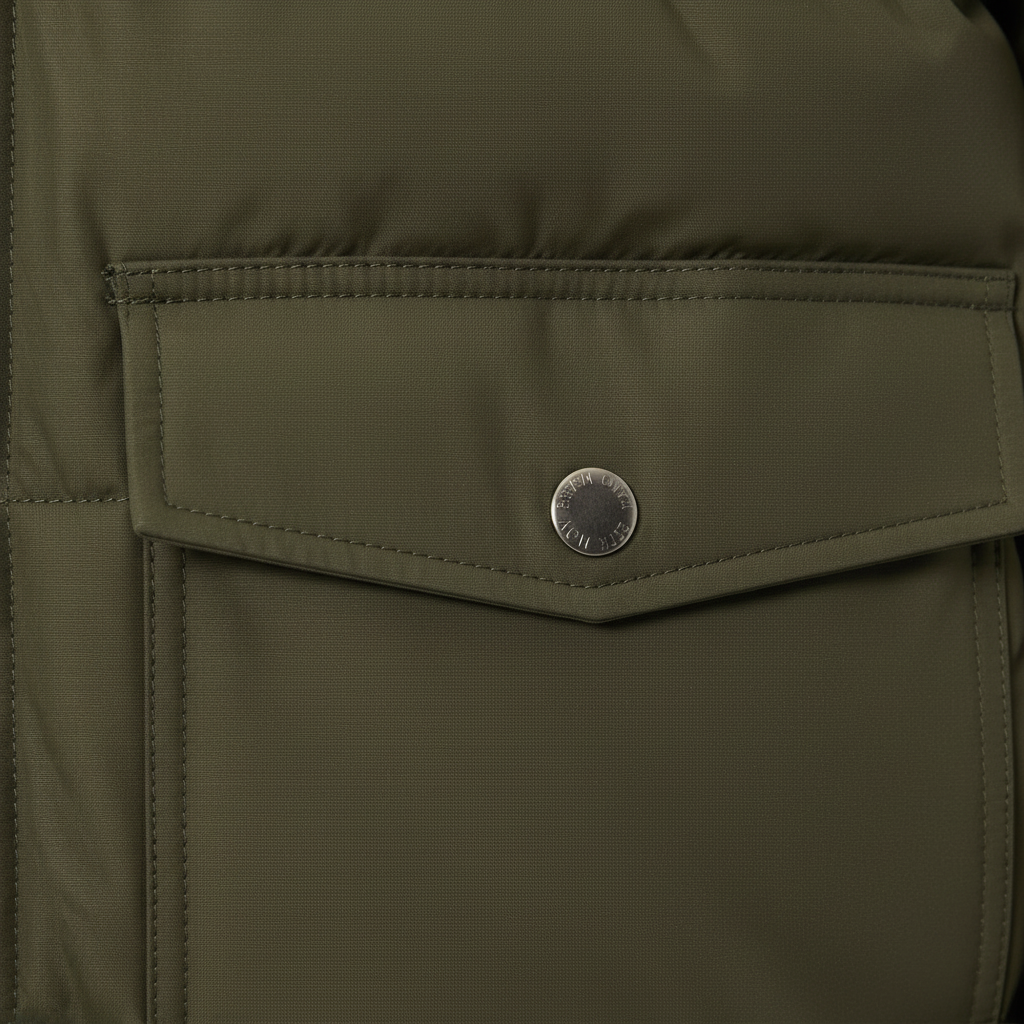 Luxury Quilted Puffer Jacket - Olive Forest Green - Detail Shot