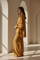 Luxury Textured Lounge Co-ord Set in Golden Desert Linen - Side Standing